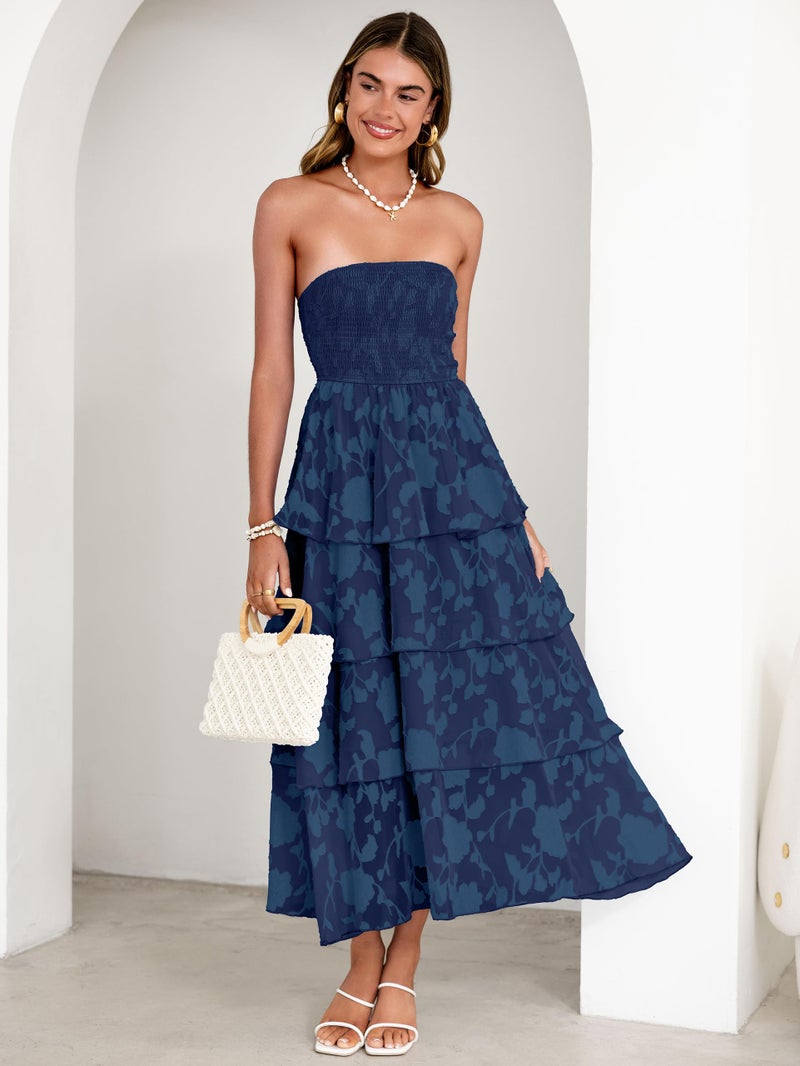 Simplee Womens Summer Strapless Maxi Dress 2026 Off The Shoulder Casual Cute Floral Boho Smocked Tube Dresses Vacation Long Sundress(Navy M) - Image 3