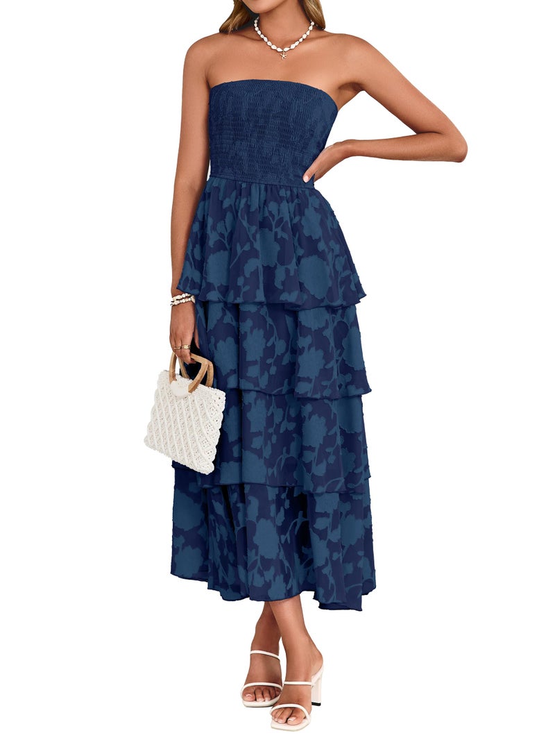 Simplee Womens Summer Strapless Maxi Dress 2026 Off The Shoulder Casual Cute Floral Boho Smocked Tube Dresses Vacation Long Sundress(Navy M) - Image 1