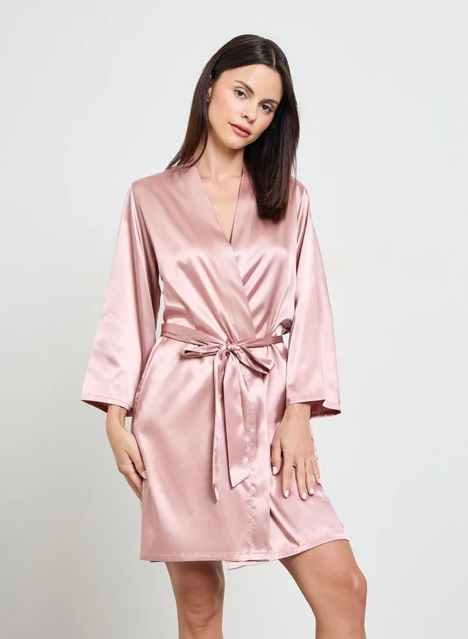 تايك تو Pink Satin Robe With Tie-Belt