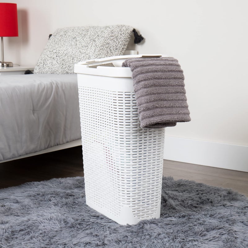 Mind Reader Slim Laundry Hamper with Lid, 40L Clothes Basket, Premium Wicker Design, Plastic, White - Image 2