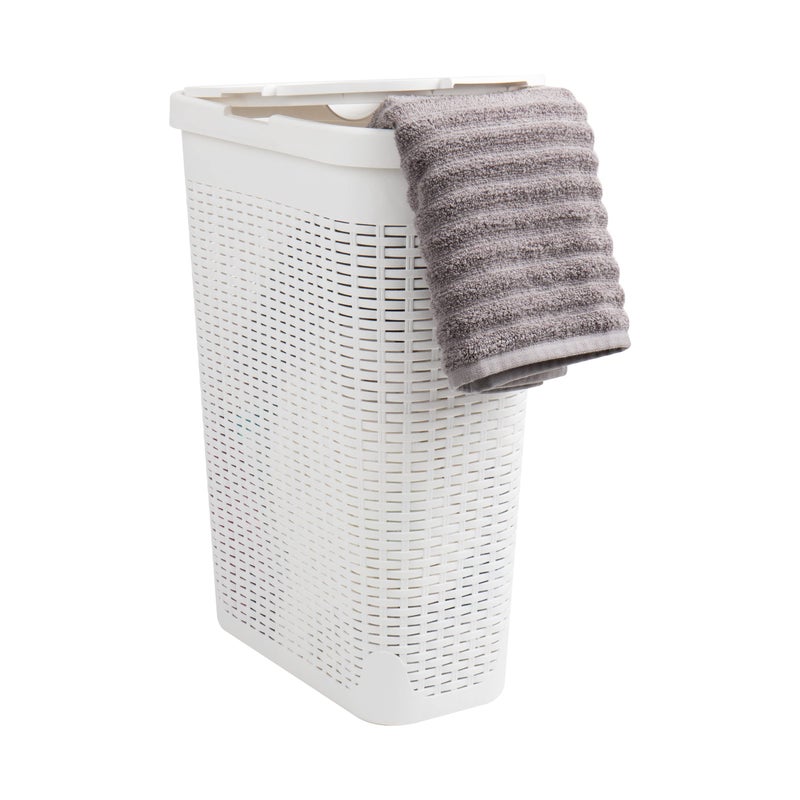Mind Reader Slim Laundry Hamper with Lid, 40L Clothes Basket, Premium Wicker Design, Plastic, White - Image 1