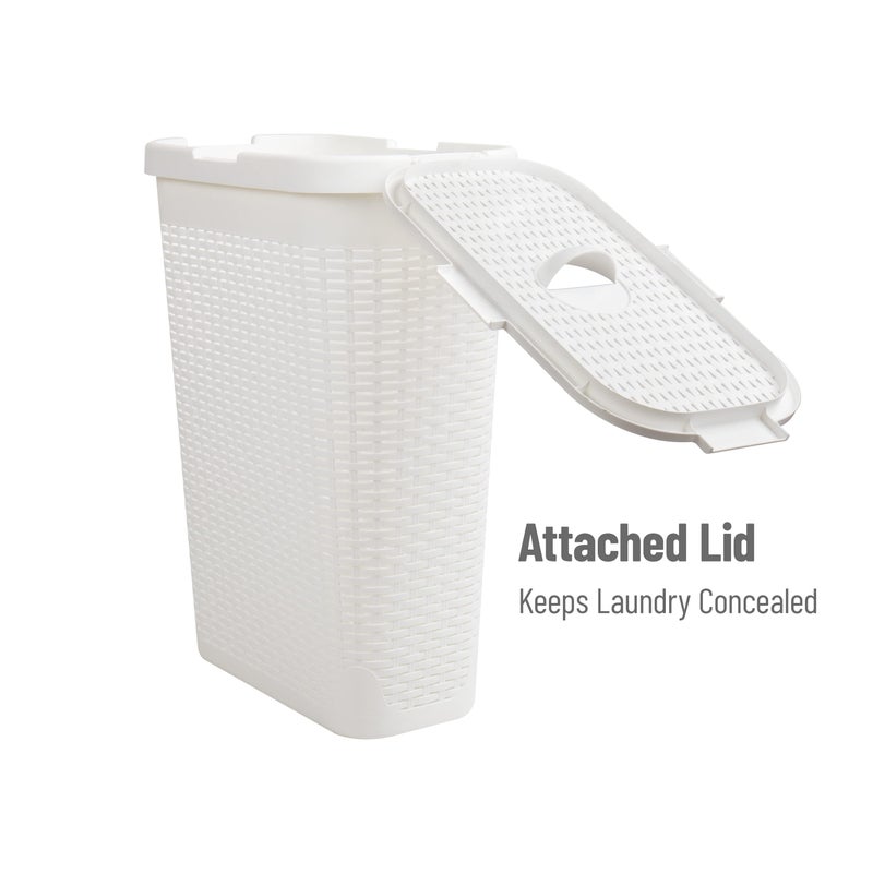 Mind Reader Slim Laundry Hamper with Lid, 40L Clothes Basket, Premium Wicker Design, Plastic, White - Image 5