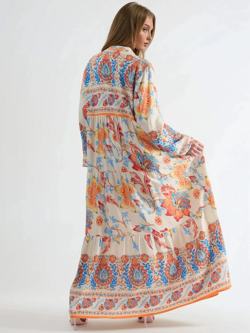 هيكاب Patterned V-neck Maxi Dress with Button Closure