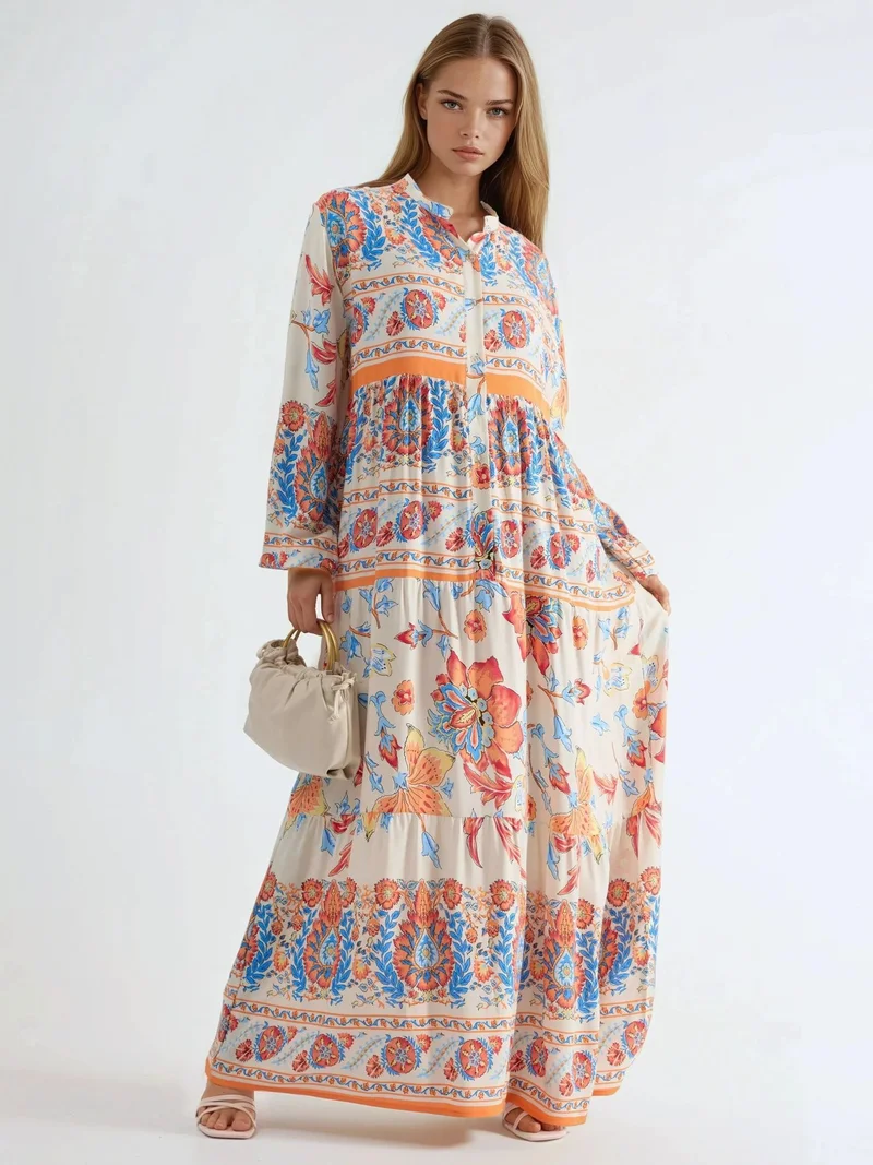 هيكاب Patterned V-neck Maxi Dress with Button Closure