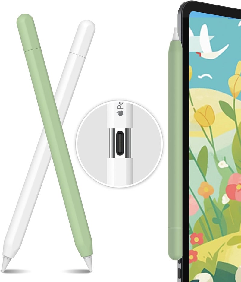 أهاستايل عبوة مكونة من حافظتين سيليكونيتين لقلم Apple Pencil (USB-C) 2023، طبقة واقية رقيقة جدًا، مانعة للانزلاق، متوافقة مع قلم Apple Pencil USB-C (اللون الأبيض وأخضر الأفوكادو) - Image 1