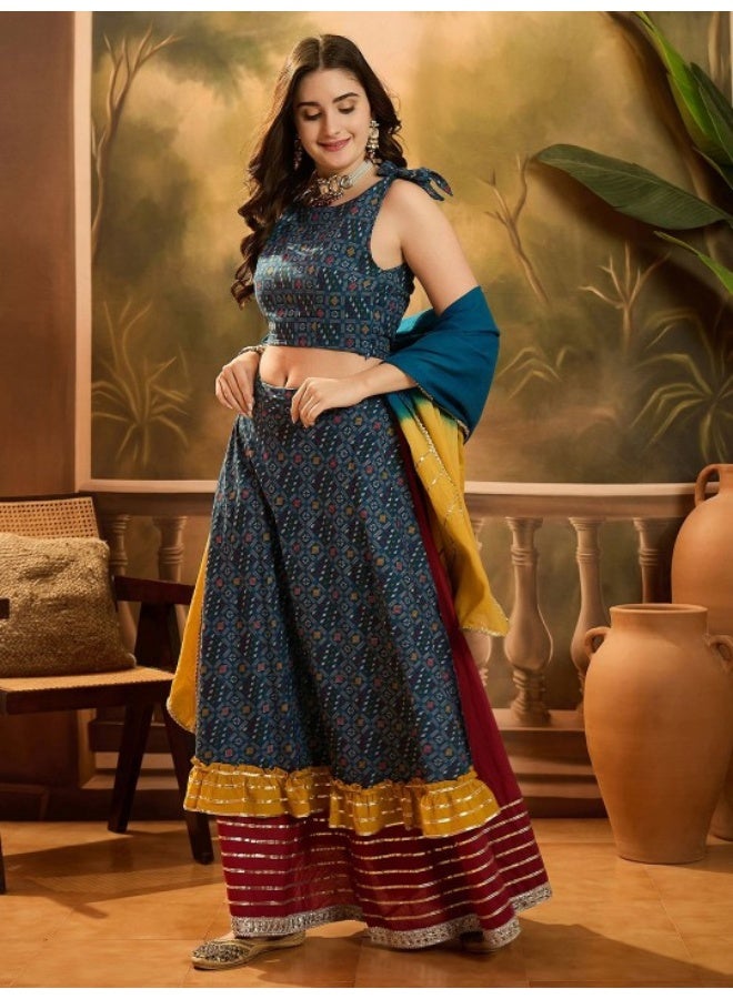 AKS Blue Patola Print Multi Layered Lehenga Choli - Image 4