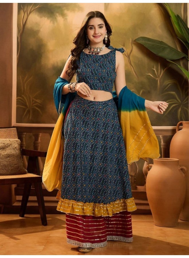 AKS Blue Patola Print Multi Layered Lehenga Choli - Image 1