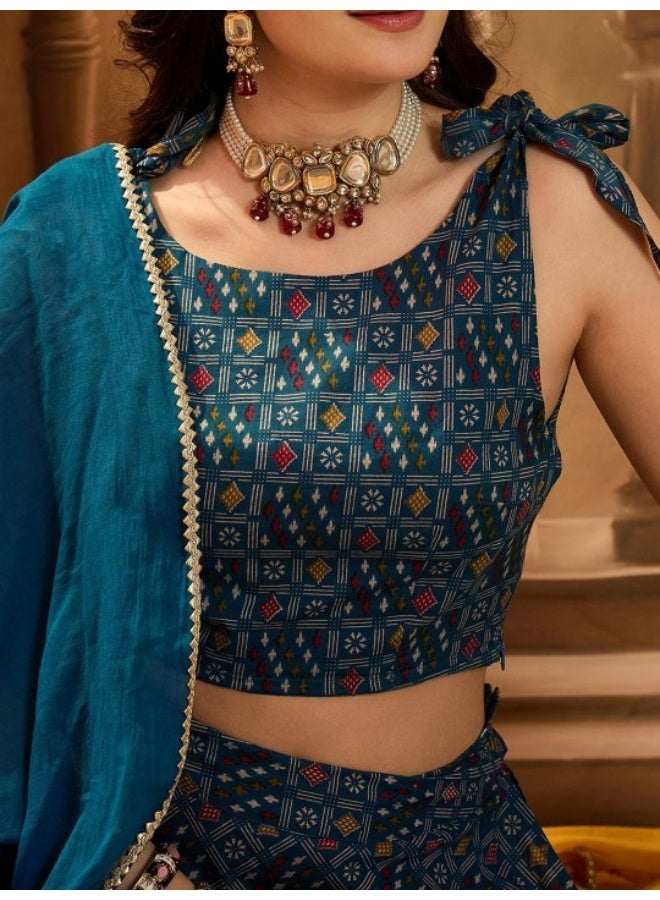 AKS Blue Patola Print Multi Layered Lehenga Choli - Image 2