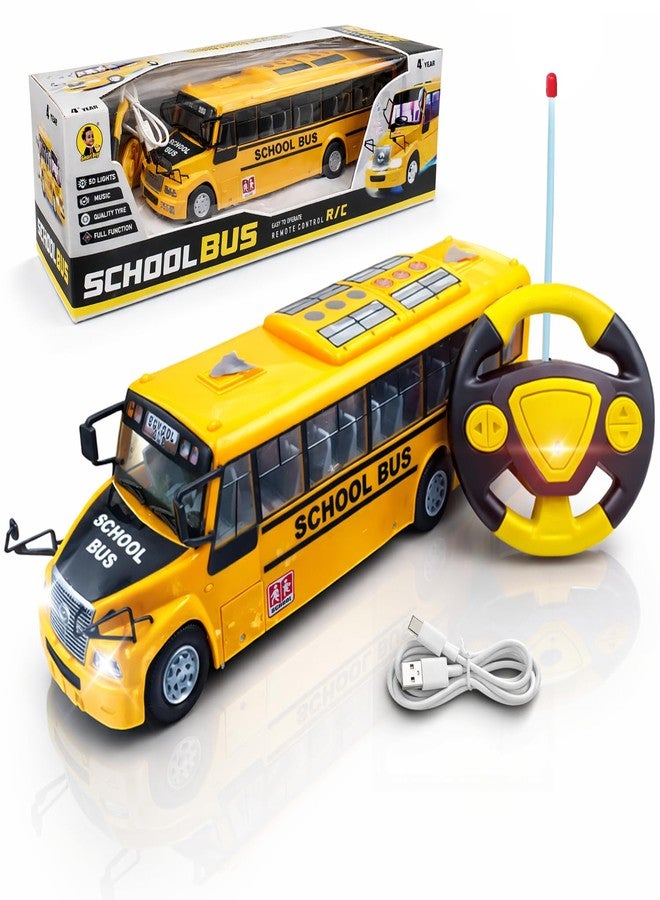 SMART BOY Rechargeable Remote Control School Bus Toy Car for Kids with Music & LED Lights, Steering Wheel RC Bus Anti-Skid Rubber Tires, Type-C Charging, 4WD Control Gift for Boys & Girls 7778 Yellow - Image 2