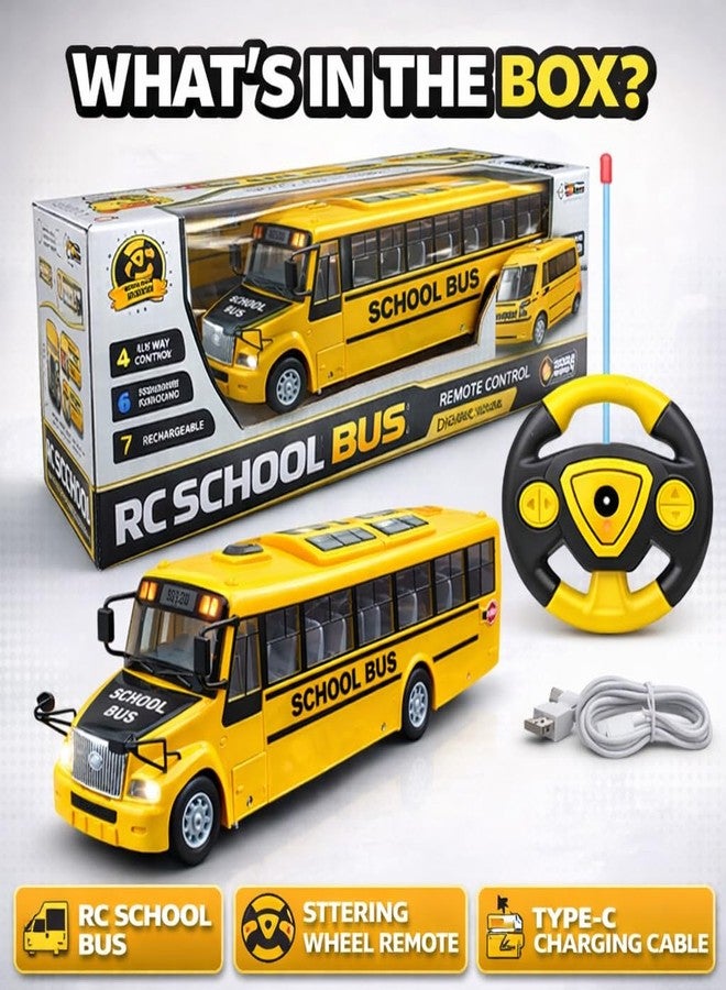 SMART BOY Rechargeable Remote Control School Bus Toy Car for Kids with Music & LED Lights, Steering Wheel RC Bus Anti-Skid Rubber Tires, Type-C Charging, 4WD Control Gift for Boys & Girls 7778 Yellow - Image 5