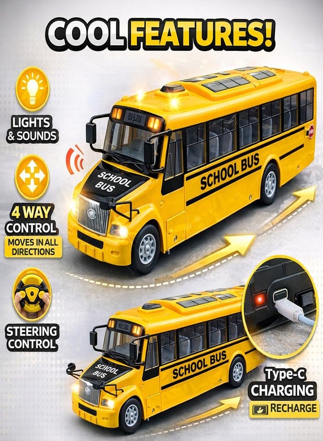 SMART BOY Rechargeable Remote Control School Bus Toy Car for Kids with Music & LED Lights, Steering Wheel RC Bus Anti-Skid Rubber Tires, Type-C Charging, 4WD Control Gift for Boys & Girls 7778 Yellow - Image 4