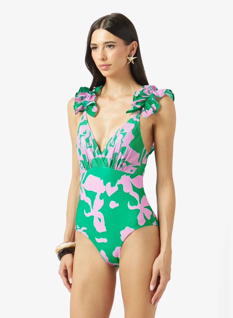 ELLA Printed Swimsuit With Ruffled Shoulder