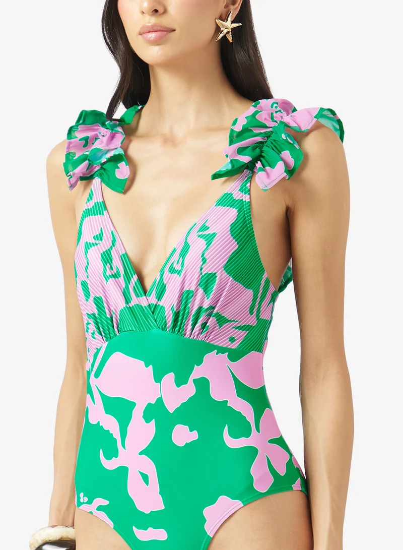 Ella  Printed Swimsuit With Ruffled Shoulder for Women | Best Price UAE