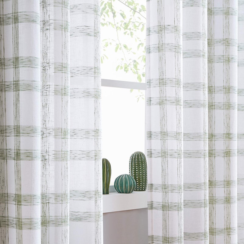 Randall Linen Window Curtain Panel Pairs for Living Room 63 Long Geometric Check Grommets Top Semi Sheer Window Treatment Heavy Rustic Farmhouse Style Drapes for Bedroom 54x63x2 Sage Green