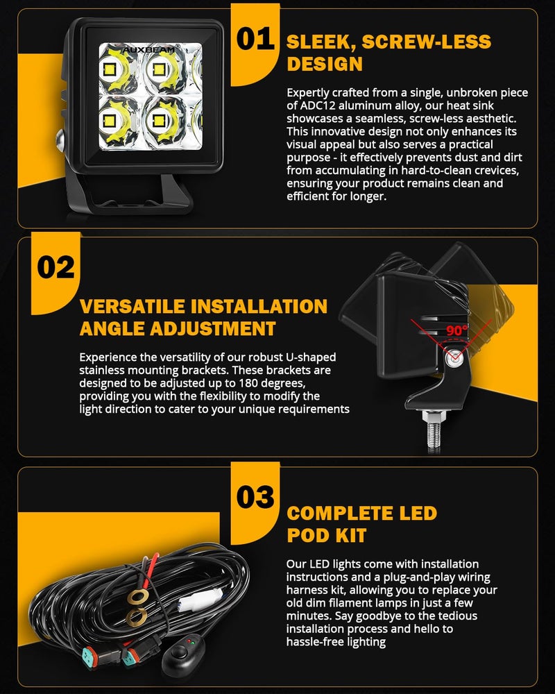 Auxbeam 2 Inch LED Pod Light Off Road Driving Light Square Spotlights 4000LM White Spot Beam Auxiliary Ditch Work Lights for Truck Car Jeep Motorcycle ATV UTV - Image 4