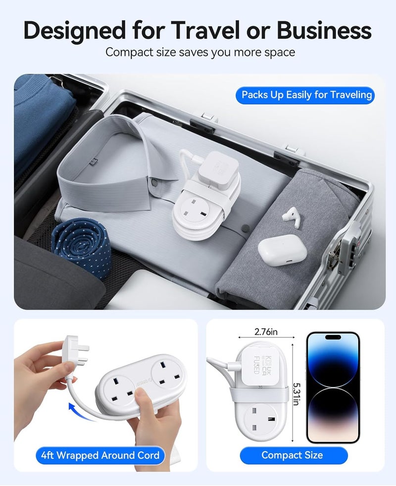 Orico Travel Power Strip, 2 Outlets 3 USB Ports (1 USB C), 3250W 13A, Compact and Rollable Extension Cord for Hotel Travel Essentials Cruise Approved Power Strip-AP3 White - Image 2