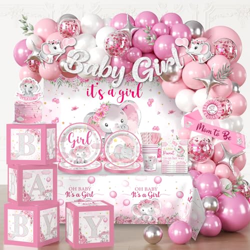 Cocomigo 254pcs Baby Shower Girl Decorations Elephant Baby Shower Decorations Include 300gsm Plates Elephant Balloon Arch Backdrop Tablecloths Balloon Box and Banner for Girl - Image 1