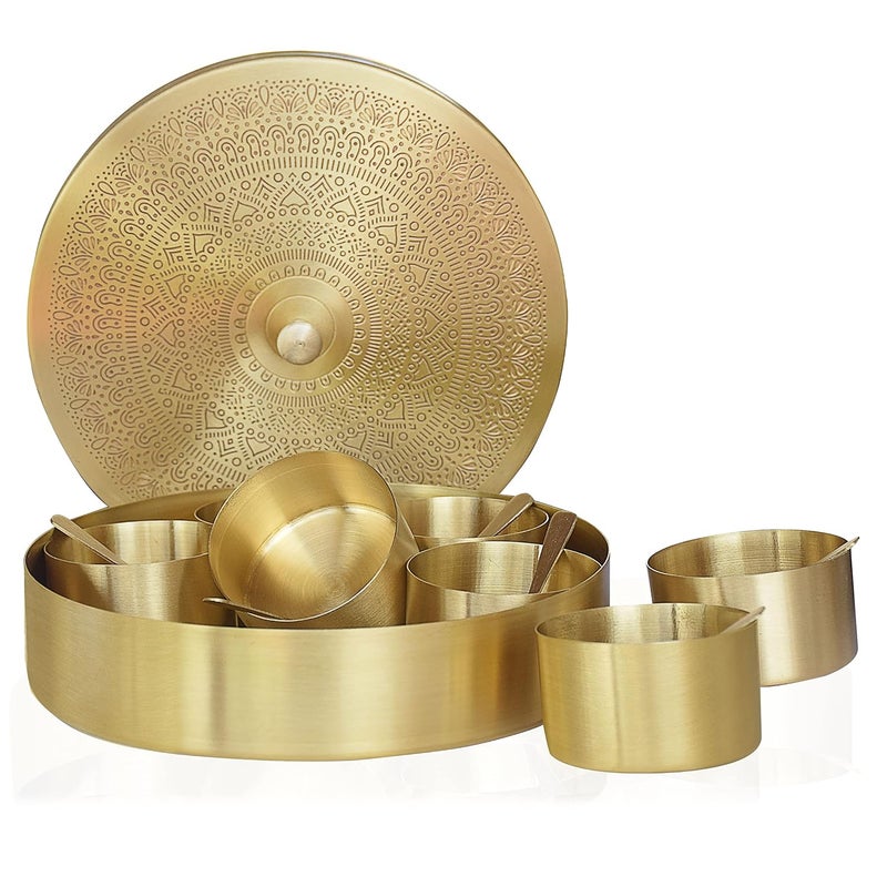 Pure Source India Brass Spice Box Set For Kitchen With Spoon (7 Containers,125 ml Each) with 7 spoon - Image 1
