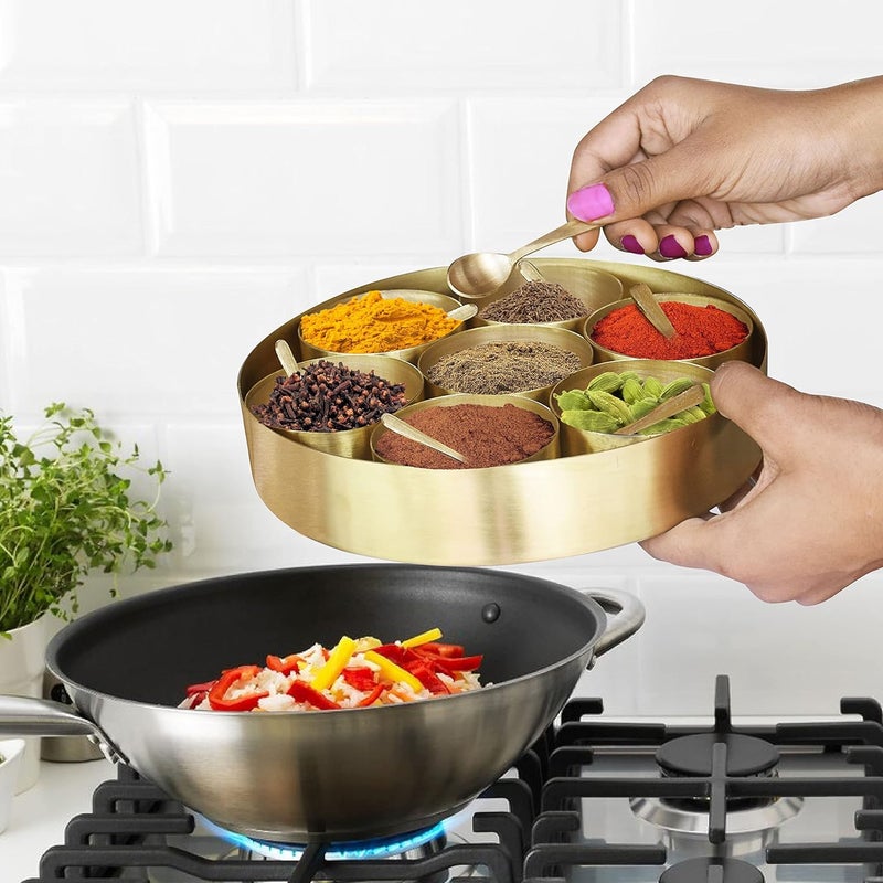 Pure Source India Brass Spice Box Set For Kitchen With Spoon (7 Containers,125 ml Each) with 7 spoon - Image 2