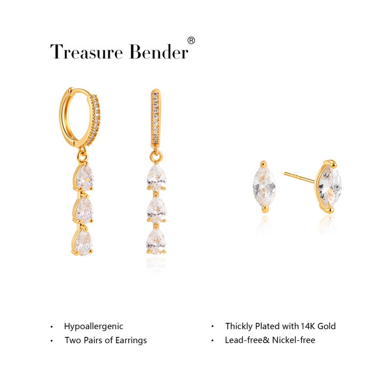 Treasure Bender Huggie Gold Hoop Earrings for Women 14k Gold Plated Diamond Stud Earrings Hypoallergenic Cubic Zirconia Cartilage Flat Back Earring Drop Dangle Earrings Set Jewelry for Women Gift - Image 5