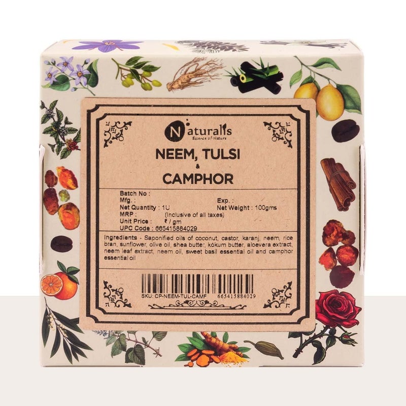 Naturalis Neem Soap for Skin Itching with Pure Camphor and Tulsi  Handmade and Organic Soap Bar ColdProcessed Natural Skin Care Ideal for Acne and Blemishes100g - Image 1