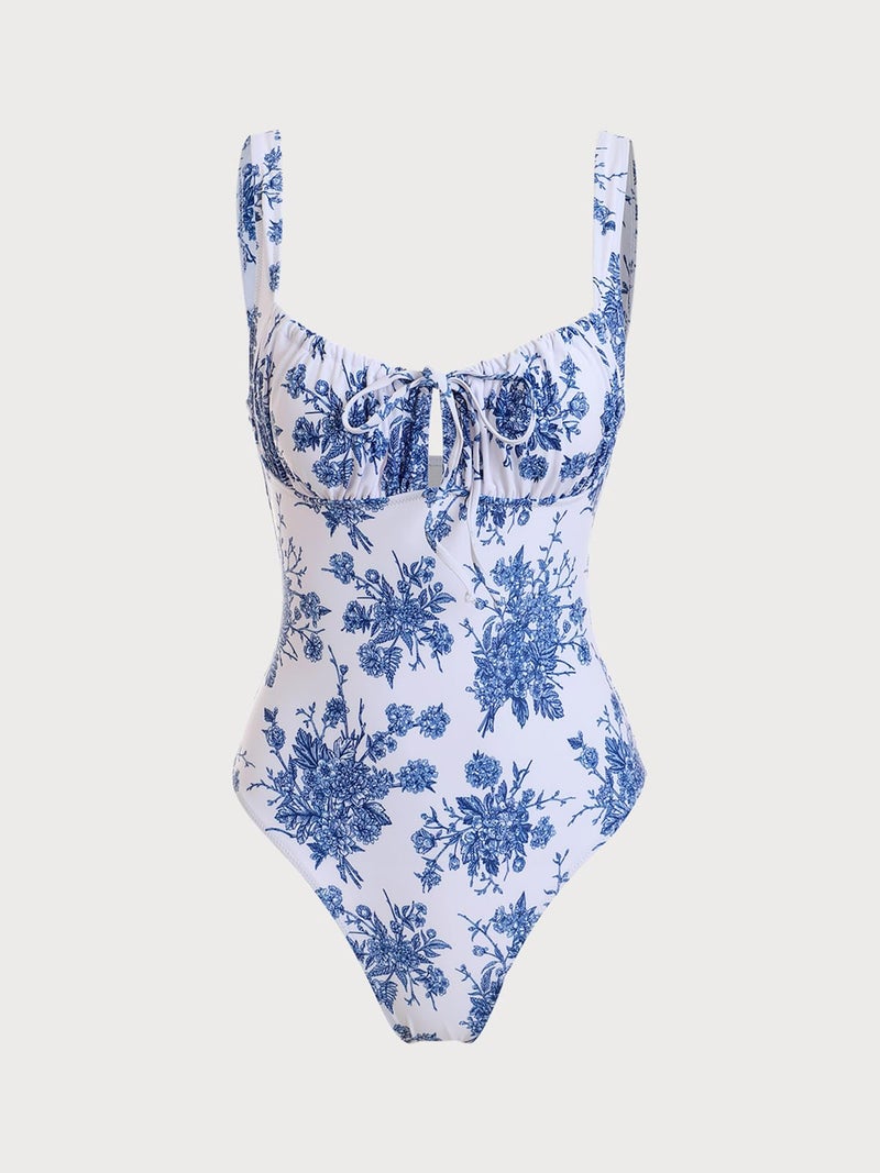BERLOOK Womens One Piece Swimsuits Floral Push Up Bathing Suit Sexy Tie Slimming Swimsuits for Women Swimwear Blue - Image 5