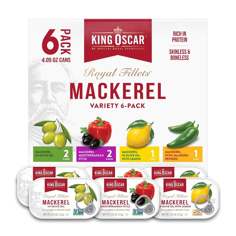 KING OSCAR عبوة متنوعة من فيليه الماكريل الملكي أوسكار بدون جلد وعظام - 6 علب سعة 4.05 أونصة لكل منها - Image 1
