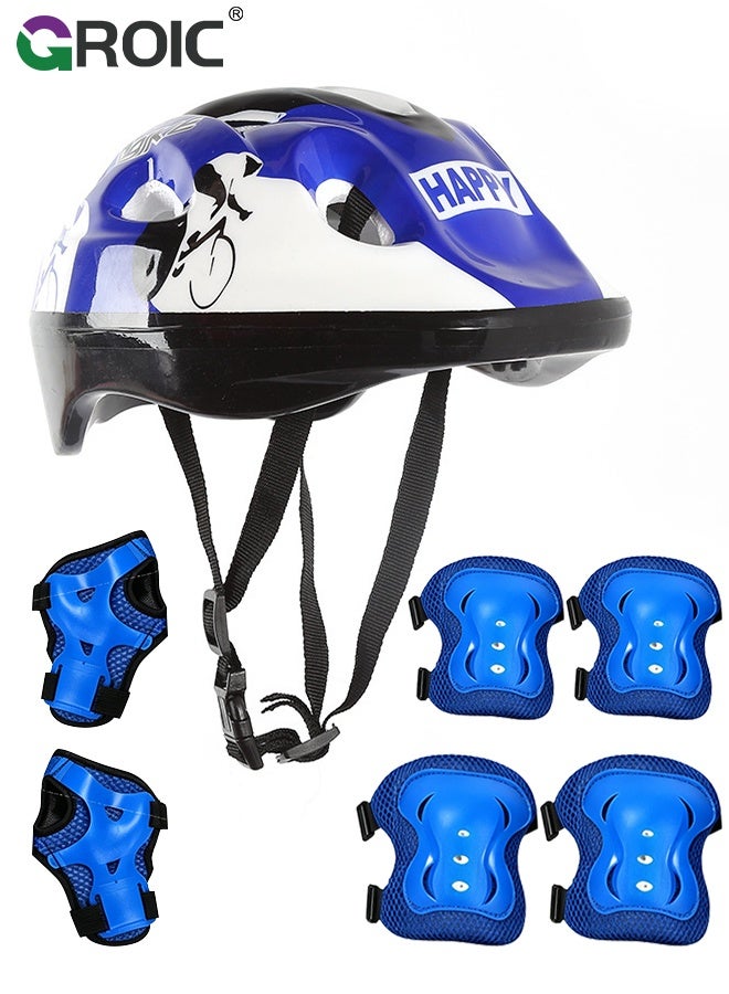 GROIC Kids Protective Gear Adjustable Protective Helmet,Kids Helmet Knee Elbow Pads Wrist Guard Sport Protective Gear Adjustable Scooter Skateboard Roller Bike Skate Cycling Safety Set(Blue) - Image 1