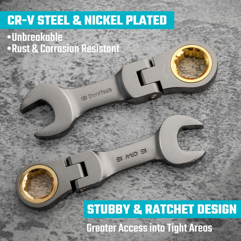 DURATECH 12-Piece Anti-Slip Flex-Head Ratcheting Wrench Set, Stubby Combination Wrench Set, Metric, 8-19mm, 72-Teeth, CR-V Steel, Nickel Plated with Pouch - Image 5