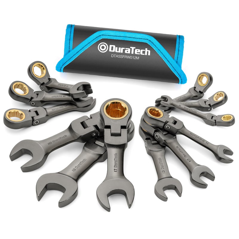 DURATECH 12-Piece Anti-Slip Flex-Head Ratcheting Wrench Set, Stubby Combination Wrench Set, Metric, 8-19mm, 72-Teeth, CR-V Steel, Nickel Plated with Pouch - Image 1