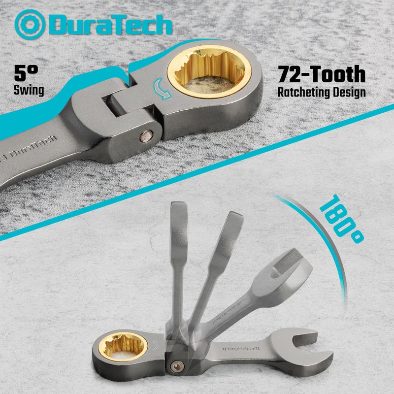 DURATECH 12-Piece Anti-Slip Flex-Head Ratcheting Wrench Set, Stubby Combination Wrench Set, Metric, 8-19mm, 72-Teeth, CR-V Steel, Nickel Plated with Pouch - Image 3