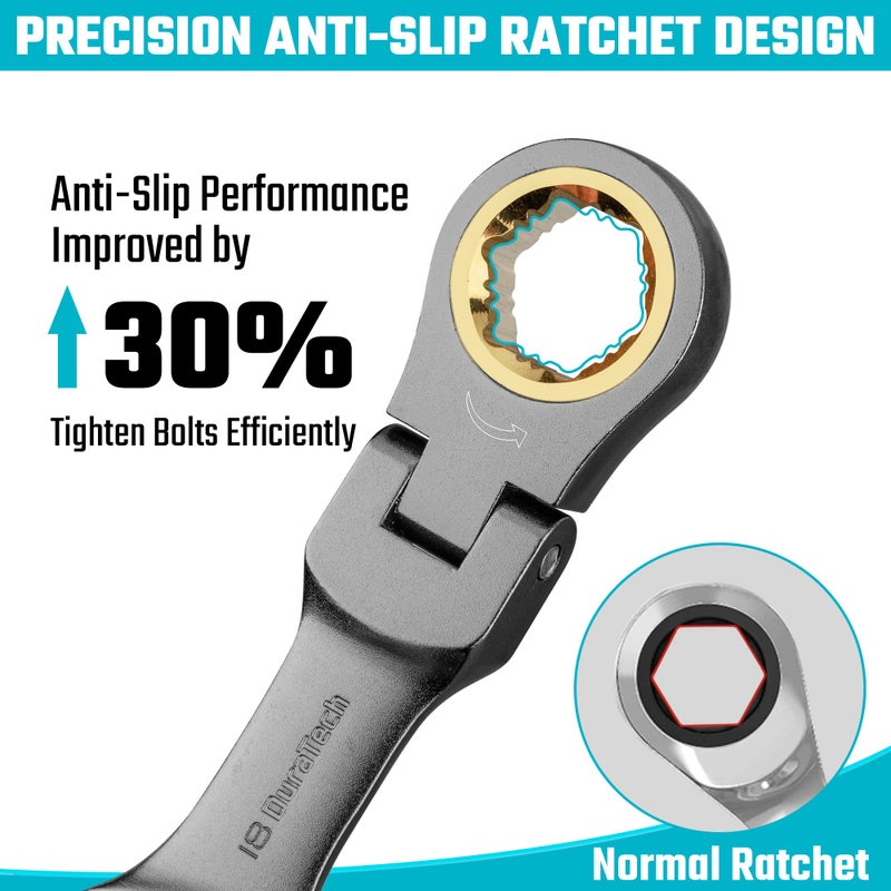 DURATECH 12-Piece Anti-Slip Flex-Head Ratcheting Wrench Set, Stubby Combination Wrench Set, Metric, 8-19mm, 72-Teeth, CR-V Steel, Nickel Plated with Pouch - Image 4
