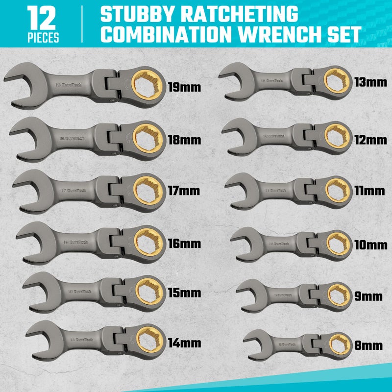 DURATECH 12-Piece Anti-Slip Flex-Head Ratcheting Wrench Set, Stubby Combination Wrench Set, Metric, 8-19mm, 72-Teeth, CR-V Steel, Nickel Plated with Pouch - Image 2