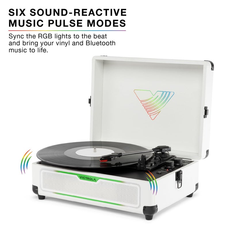 Victrola Journey Glow â€“ Illuminated Suitcase Record Player â€“ 18 RGB Light Effects, Stereo Speakers with Enhanced Bass, Bluetooth Streaming, (White) - Image 3