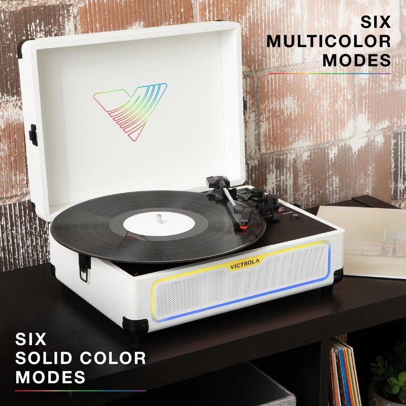 Victrola Journey Glow â€“ Illuminated Suitcase Record Player â€“ 18 RGB Light Effects, Stereo Speakers with Enhanced Bass, Bluetooth Streaming, (White) - Image 4