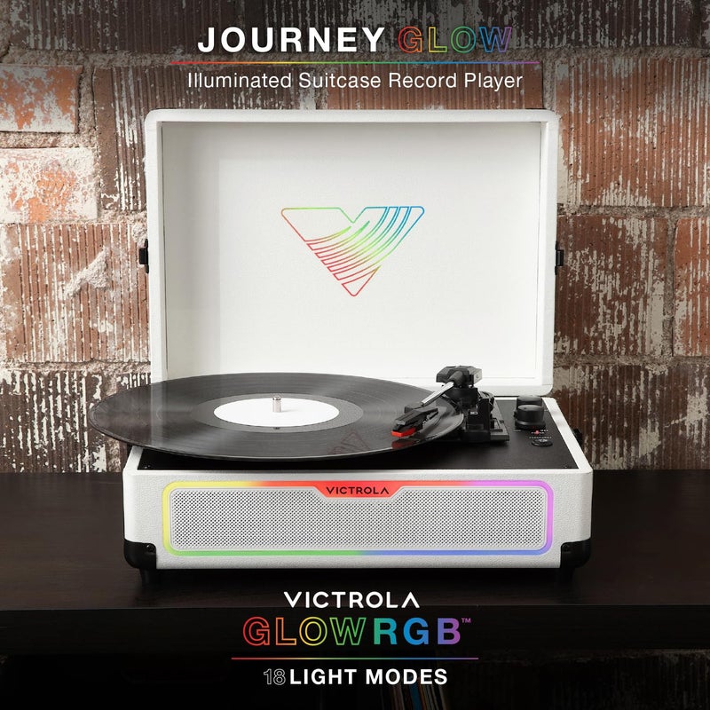 Victrola Journey Glow â€“ Illuminated Suitcase Record Player â€“ 18 RGB Light Effects, Stereo Speakers with Enhanced Bass, Bluetooth Streaming, (White) - Image 2