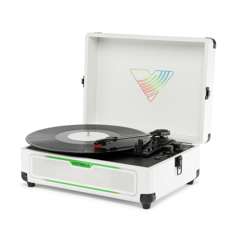 Victrola Journey Glow â€“ Illuminated Suitcase Record Player â€“ 18 RGB Light Effects, Stereo Speakers with Enhanced Bass, Bluetooth Streaming, (White) - Image 1