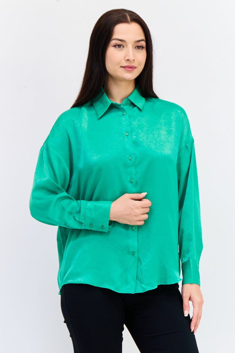 KOTON Women Spread Collar Long Sleeves Solid Shirt, Green - Image 1
