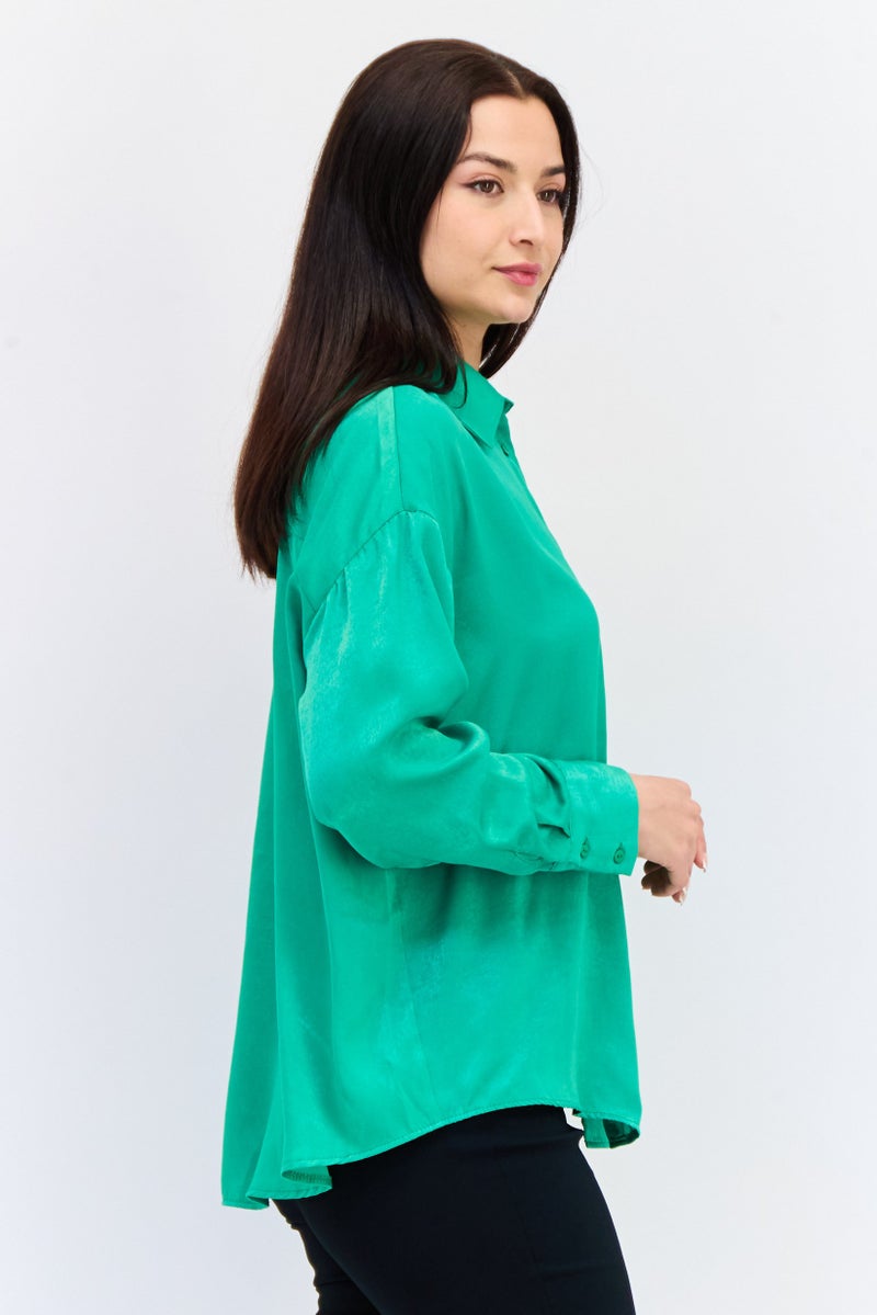 KOTON Women Spread Collar Long Sleeves Solid Shirt, Green - Image 2