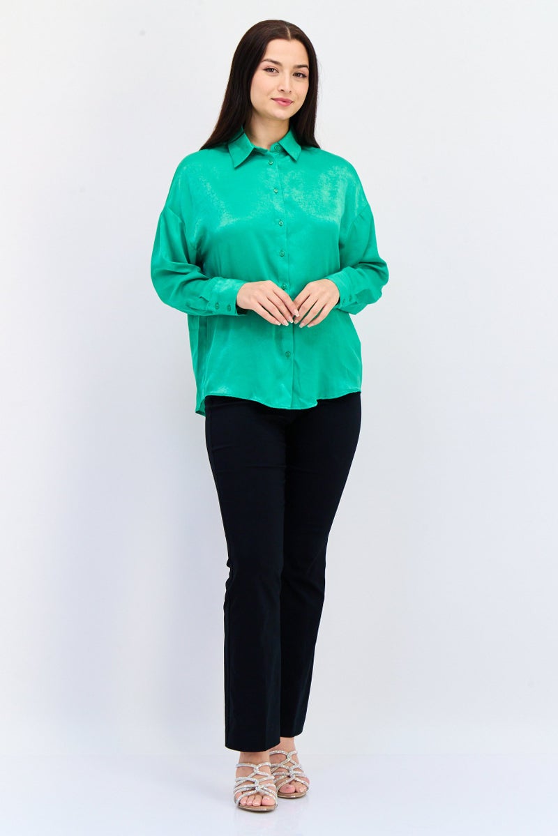 KOTON Women Spread Collar Long Sleeves Solid Shirt, Green - Image 3