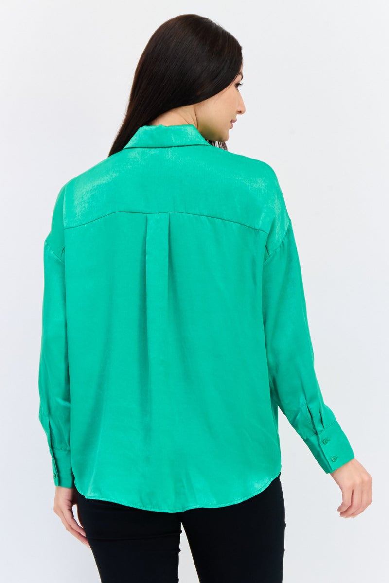 KOTON Women Spread Collar Long Sleeves Solid Shirt, Green - Image 2