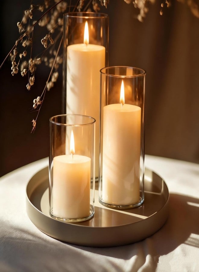 UDU Set of 12 Pillar Candles and 12 Hurricane Candle Holders, Pillar Candle Holder for Pillar Candles, Clear Cylinder Vases for Centerpieces Wedding Table Party Home Decor(4.7", 5.9",7.9") - Image 2