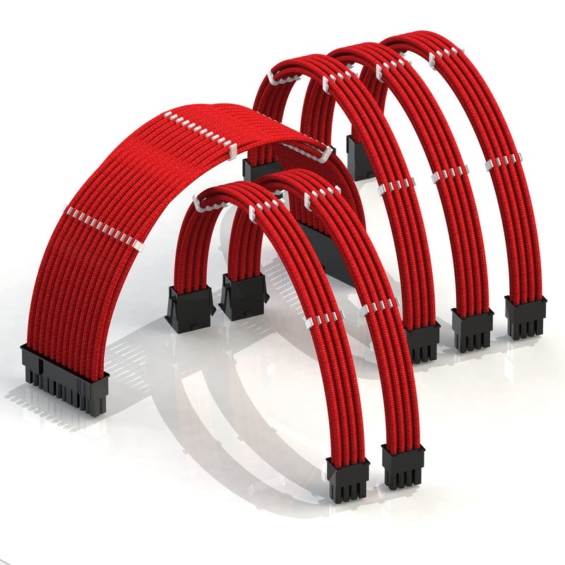 LINKUP - AVA 50cm PSU Cable Extension Sleeved Custom Mod GPU PC Braided w/Comb Kit - Compatible with RTX3090 | 1 x 24 P (20+4) | 2 x 8 P (4+4) CPU | 3 x 8 P (6+2) GPU Set | 500mm - Red - Image 1