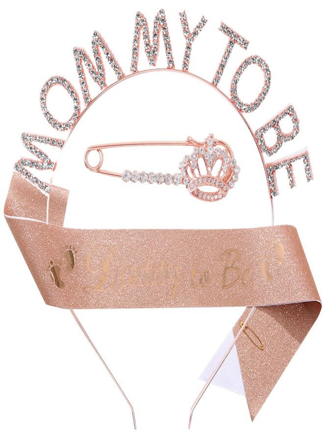 OYANIMO Mom to be Baby Shower Decorations, Mom to be Sash and Tiara Set Mother to be Crown Mom to be Pin Maternity Gift for Her, for Gender Reveal and Baby Girl Showers, Pink (Rose Gold) - Image 1