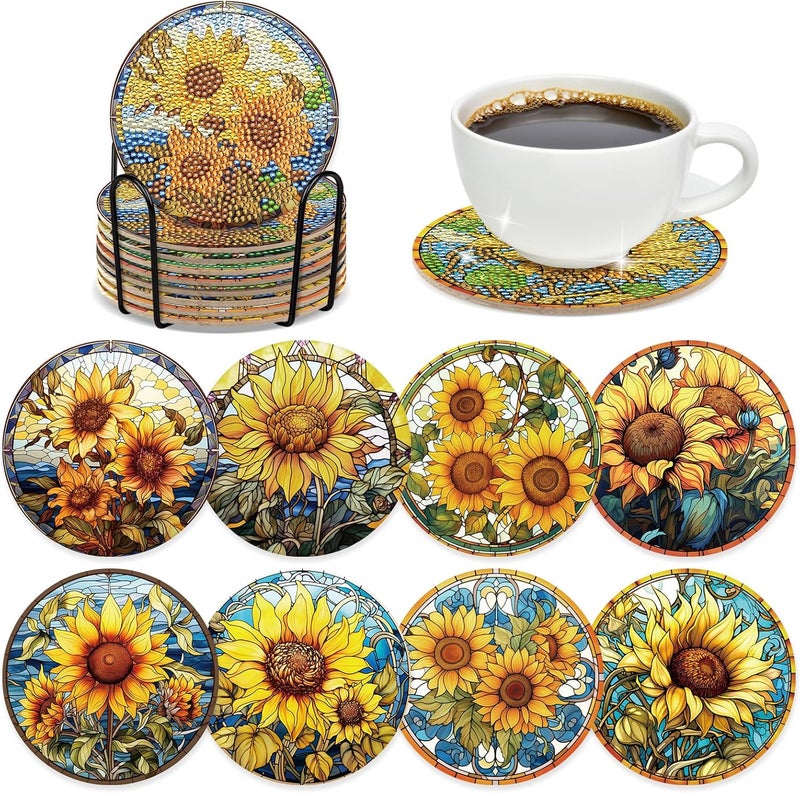 INCOK Sunflower Diamond Art Painting Coasters - 8 PCS Colorful Glass Diamond Art Kits for Adults DIY Non Slip Drink Coaster with Cork Pads Art Craft with Holder Birthday for Beginners - Image 1