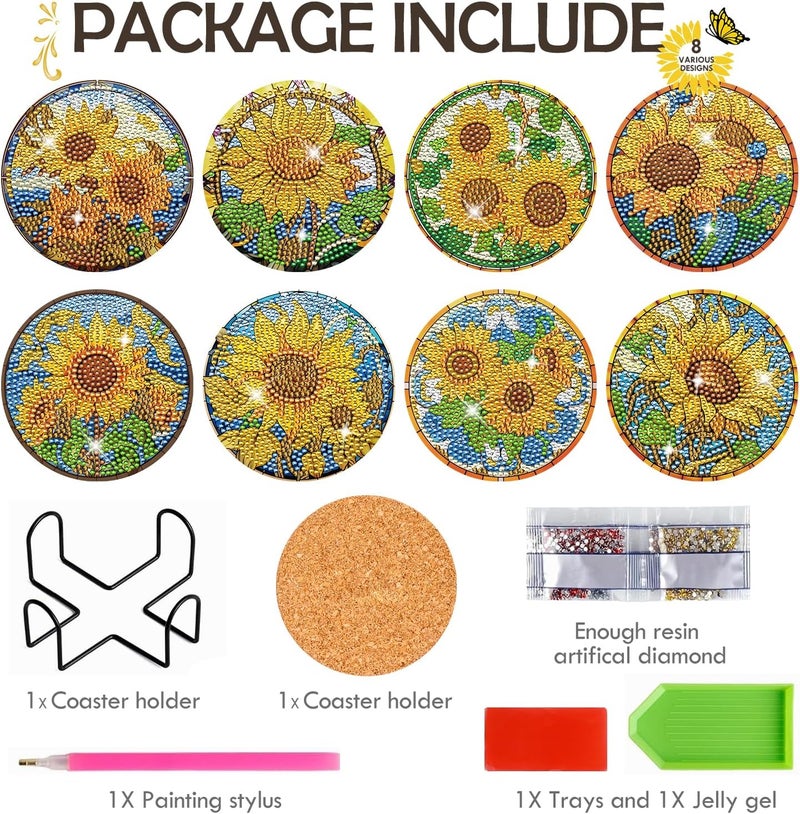 INCOK Sunflower Diamond Art Painting Coasters - 8 PCS Colorful Glass Diamond Art Kits for Adults DIY Non Slip Drink Coaster with Cork Pads Art Craft with Holder Birthday for Beginners - Image 4