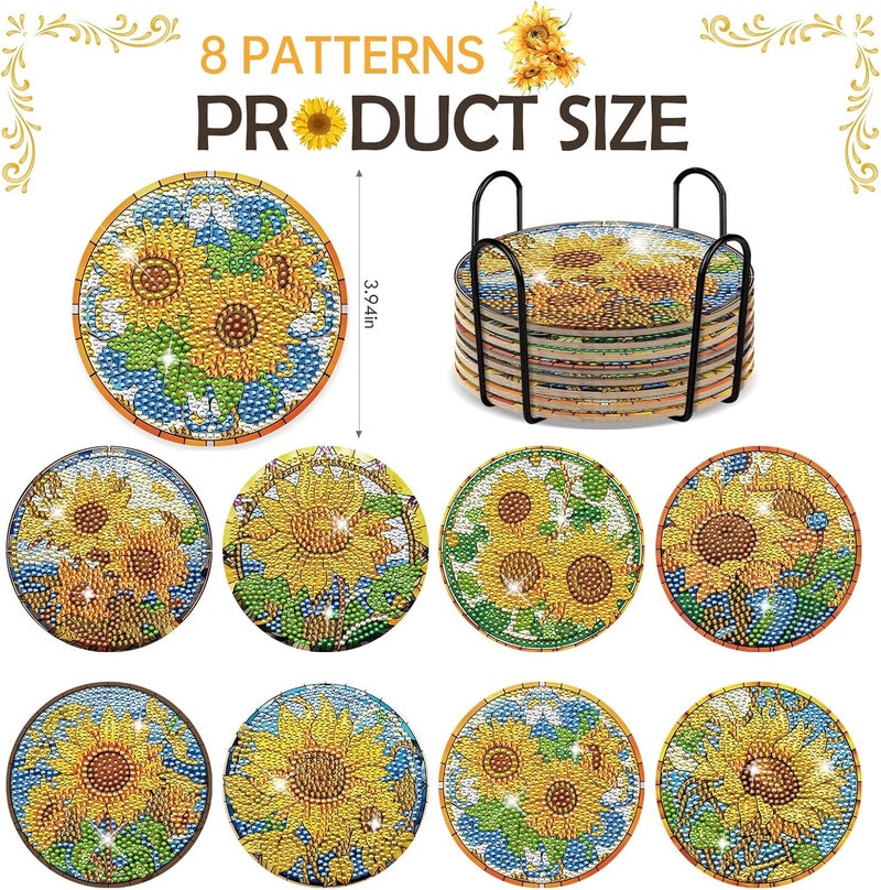 INCOK Sunflower Diamond Art Painting Coasters - 8 PCS Colorful Glass Diamond Art Kits for Adults DIY Non Slip Drink Coaster with Cork Pads Art Craft with Holder Birthday for Beginners - Image 2