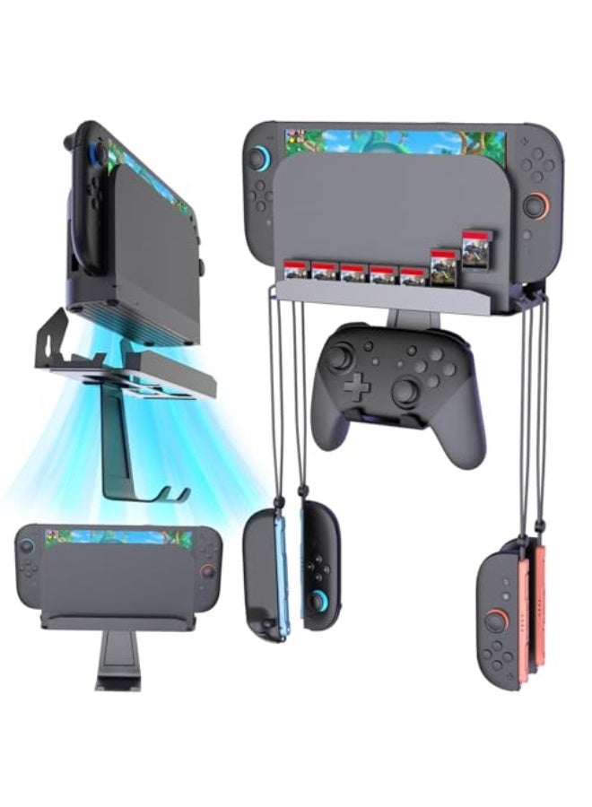 Metal Wall Mount for Nintendo Switch 2, Switch 2 Organizer Shelf Base Kit Behind TV, Switch 2 Accessories with 5 Card Slots and 4 Joy-con Hanger, Carbon Black - Image 1