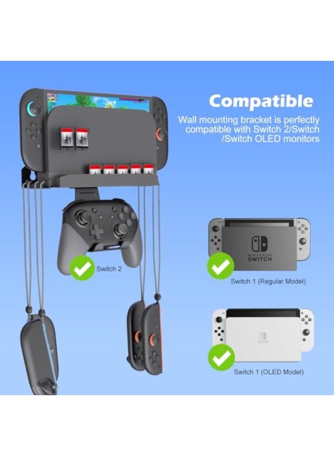 Metal Wall Mount for Nintendo Switch 2, Switch 2 Organizer Shelf Base Kit Behind TV, Switch 2 Accessories with 5 Card Slots and 4 Joy-con Hanger, Carbon Black - Image 2
