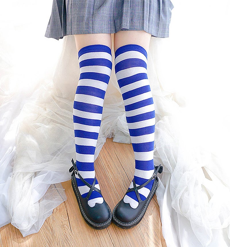 DAZCOS Striped Thigh High Socks Elastic Over The Knee Knit Stockings for Daily or Anime Cosplay (Blue + White) - Image 4